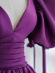 Purple Prom Dress V Neck Satin Long Formal Gown Evening Dress