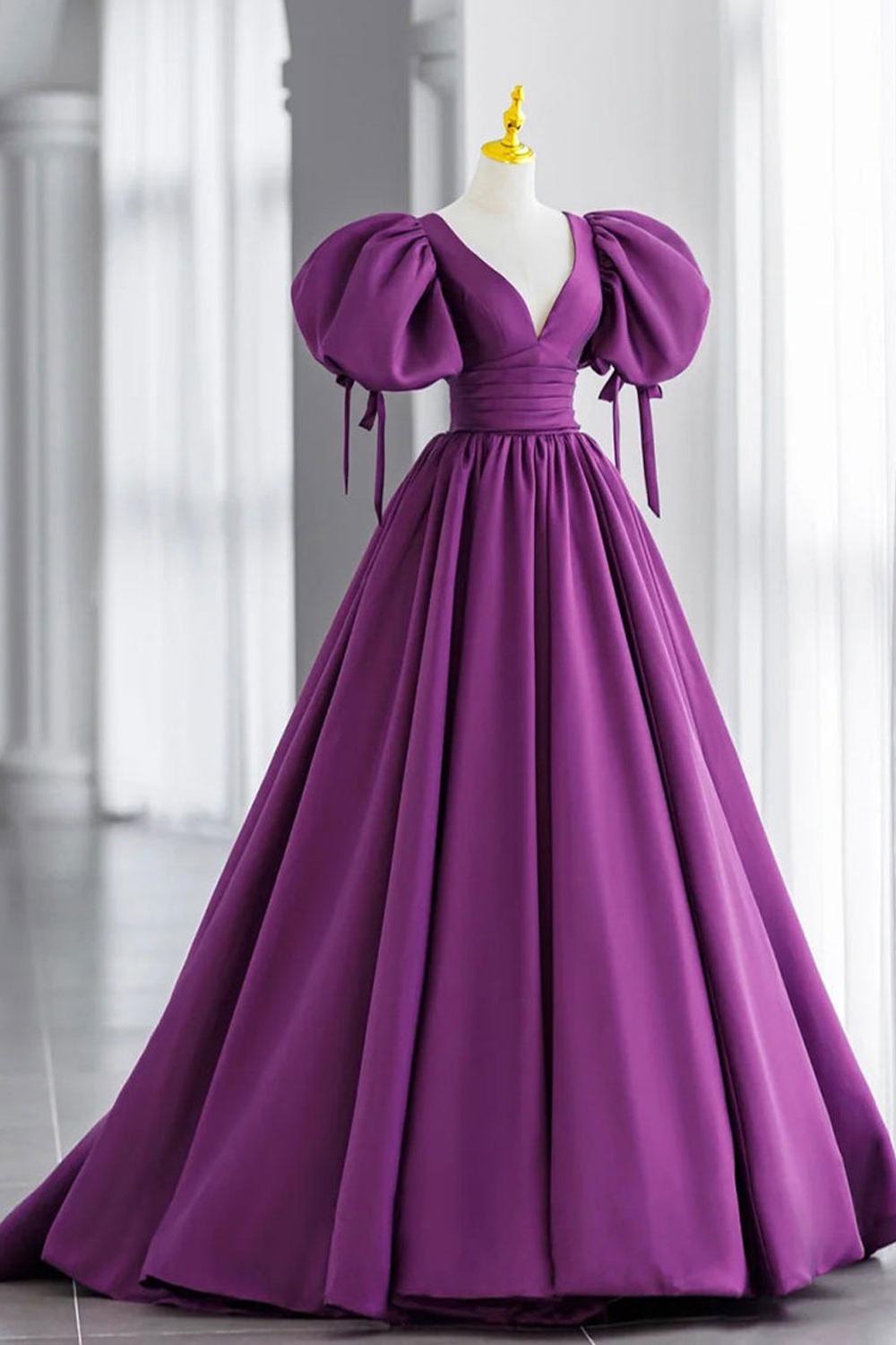 Purple Prom Dress V Neck Satin Long Formal Gown Evening Dress