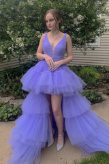Purple Prom Dress V Neck Tulle High Low Formal Evening Dress