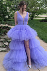 Purple Prom Dress V Neck Tulle High Low Formal Evening Dress