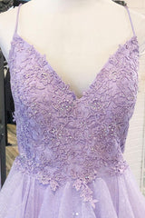 Purple Prom Dress V Neck Tulle Lace Long Formal Gown Evening Dress