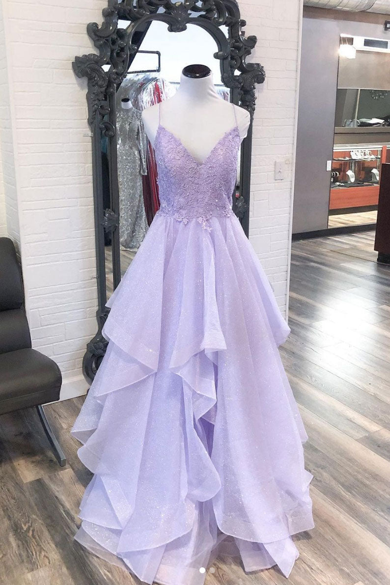 Purple Prom Dress V Neck Tulle Lace Long Formal Gown Evening Dress