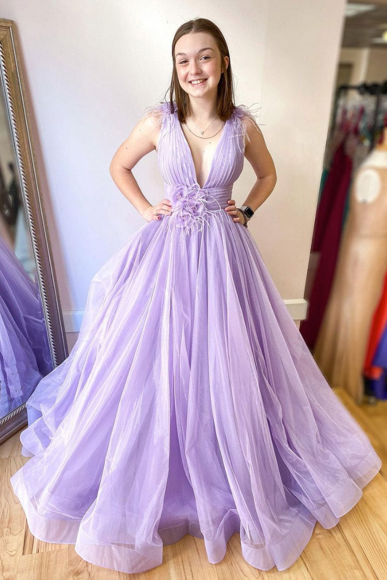 Purple Prom Dress V Neck Tulle Long Evening Dress