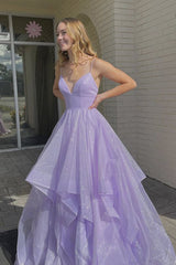 Purple Prom Dress V Neck Tulle Long Formal Gown Evening Dress