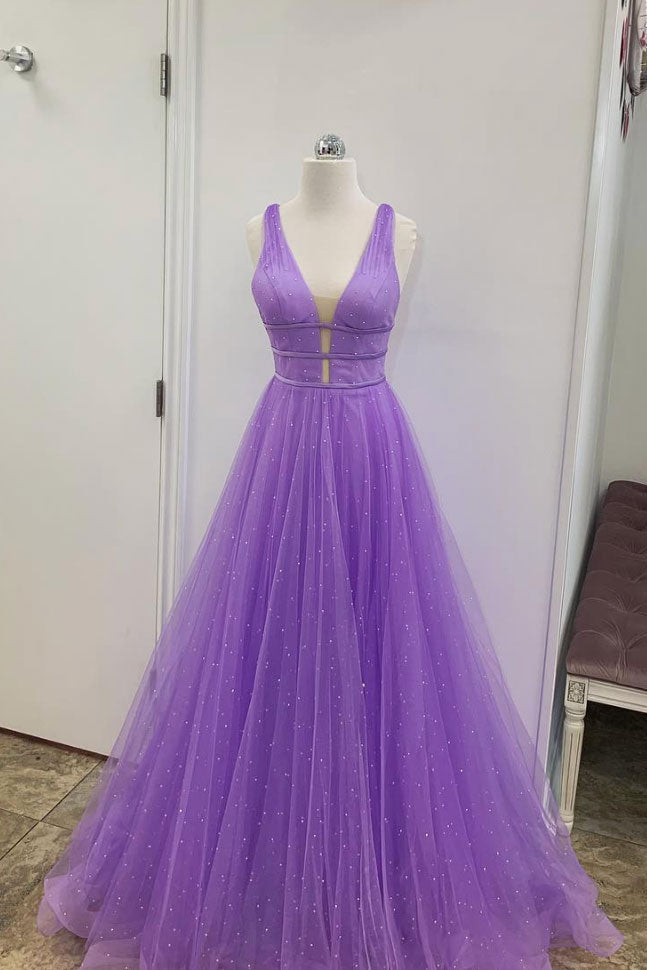 Purple Prom Dress V Neck Tulle Long Formal Gown Evening Dress