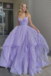 Purple Prom Dress V Neck Tulle Long Formal Gown Evening Dress