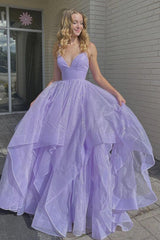 Purple Prom Dress V Neck Tulle Long Formal Gown Evening Dress