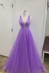 Purple Prom Dress V Neck Tulle Long Formal Gown Evening Dress