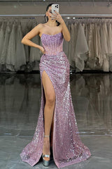 Purple Sequin High-Slit Formal Dress With Structured Corset Formal Evening Gown