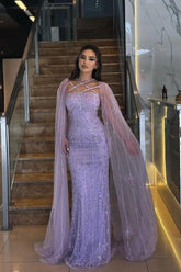 Purple Sheath/Column Prom Dress Cap Sleeve Halter Neck Formal Dress With Beadings and Rhinestones