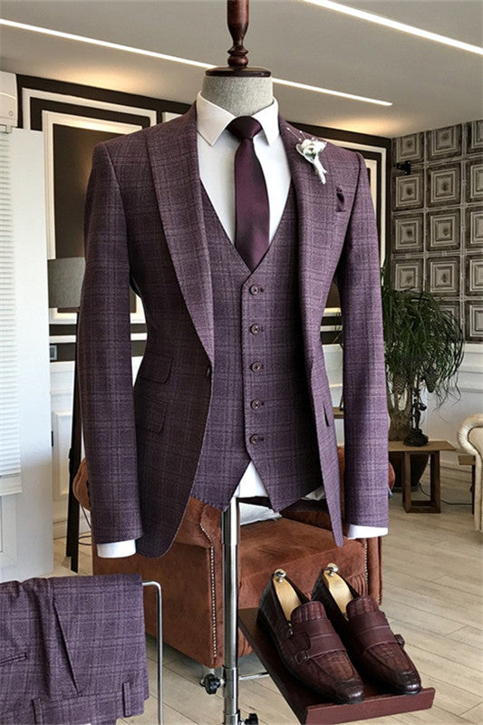 Purple Three Piece Peaked Lapel Plaid Business Suit