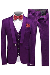 Purple Three Piece Shawl Lapel Jacquard Wedding Suit