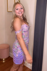 Purple Tight Homecoming Dresses Floral Sequins Short Corset Cocktail Dresses With Appliques