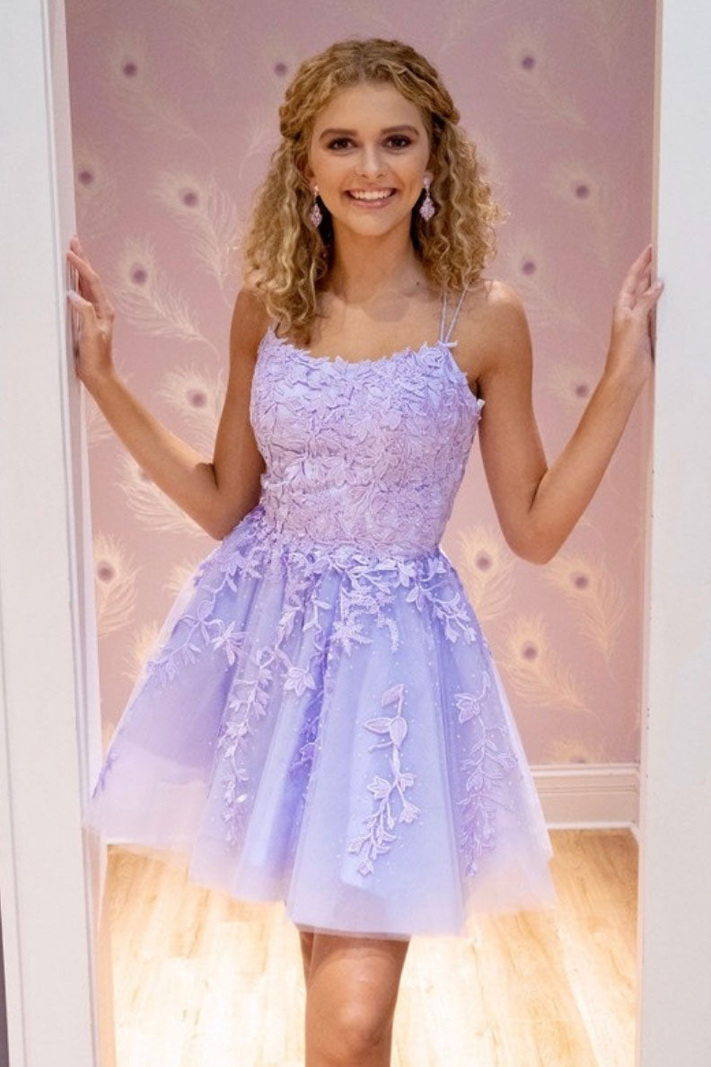 Purple Tulle Homecoming Dress Lace Appliques Short Cocktail Dress