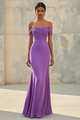 Purple Wedding Guest Dress Chiffon Mermaid Off The Shoulder Long Formal Dress With Ruch
