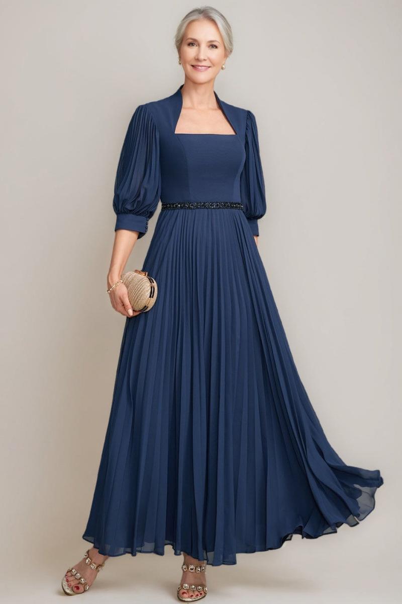 Queen Anne Neckline A-line Princess Ankle-Length Mother of the Bride Dresses with Pleats Sequins & Beads