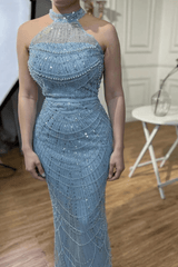 Dressystars Blue Halter Formal Dress Beaded Sheath/Column Wedding Guest Dress