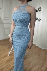 Dressystars Blue Halter Formal Dress Beaded Sheath/Column Wedding Guest Dress