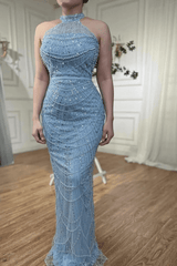 Dressystars Blue Halter Formal Dress Beaded Sheath/Column Wedding Guest Dress