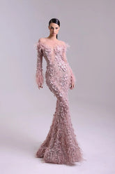 Dressystars Pink Long Sleeve Formal Dress Mermaid 3D Flower Prom Evening Dress with Feathers