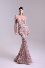 Dressystars Pink Long Sleeve Formal Dress Mermaid 3D Flower Prom Evening Dress with Feathers