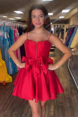 Red A Line Homecoming Dresses Satin Short Corset Cocktail Dresses With Bows
