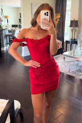Red Floral Tight Homecoming Dresses Ruched Short Corset Cocktail Dresses