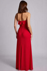 Red Formal Dress Ruffled Strapless A Line Chiffon Long Wedding Guest Dress