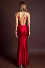 Red Formal Dress Satin Spaghetti Straps Sheath Long Wedding Guest Dress With Slit