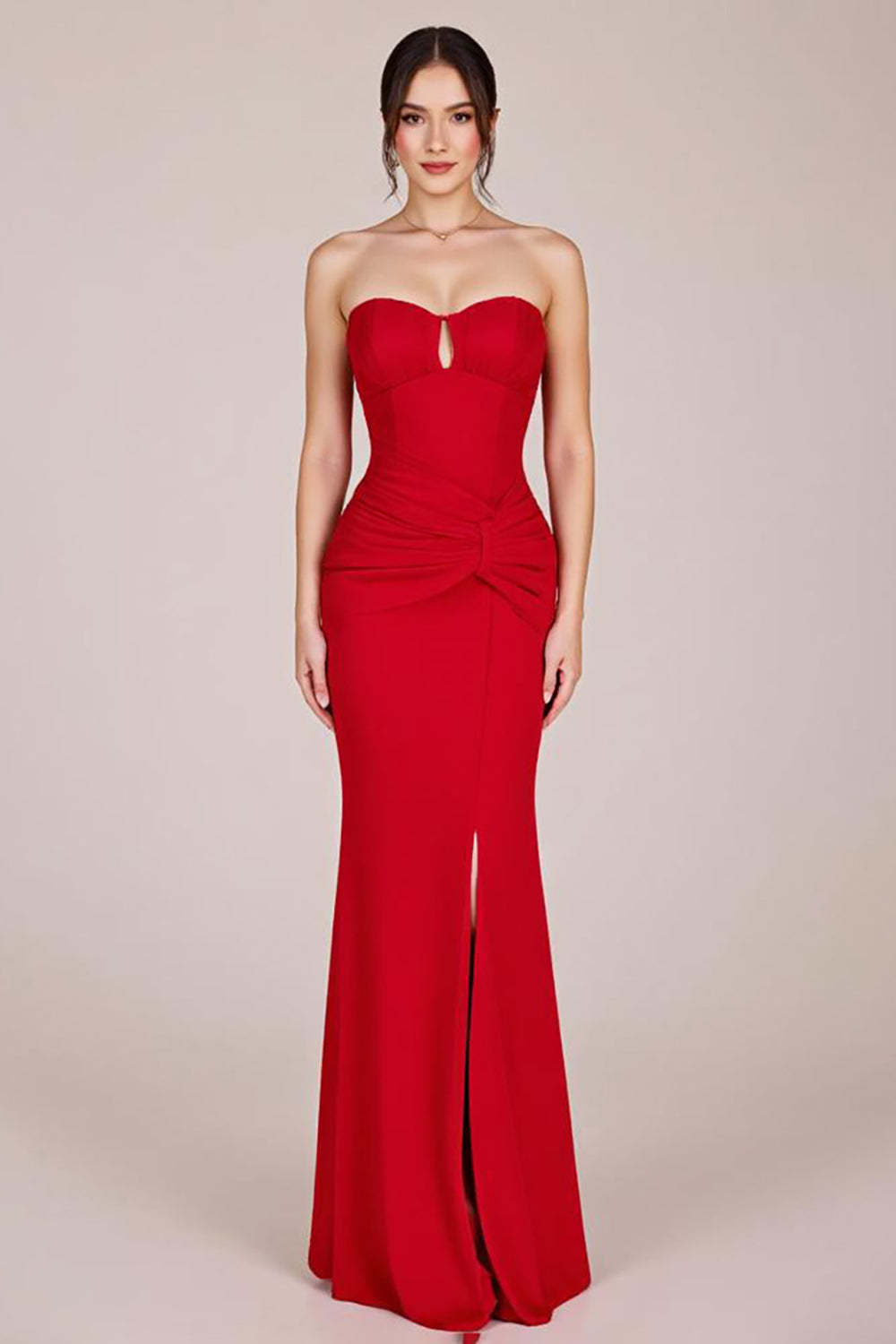 Red Formal Dress Strapless Ruched Sheath Long Wedding Guest Dress With Slit