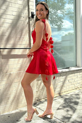 Red Homecoming Dress Backless with Rosette Embellished Short Party Cocktail Dress