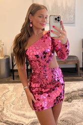 Red Homecoming Dress Cut Glass Mirror One Sleeve Cutout Short Party Cocktail Dress