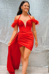 Red Homecoming Dress Halter Ruching with Attached TrainShort Party Cocktail Dress