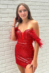 Red Homecoming Dress Plunging Chic Off the Shoulder Style Sequin with Feather Short Party Cocktail Dress