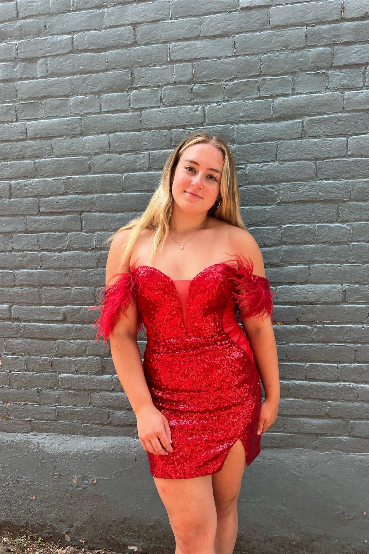 Red Homecoming Dress Plunging Chic Off the Shoulder Style Sequin with Feather Short Party Cocktail Dress