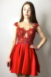 Red Homecoming Dress Round Neck Satin Lace Beaded Short Party Cocktail Dress