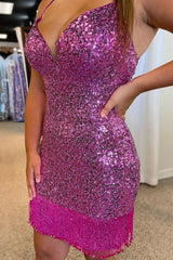 Red Homecoming Dress Sequin Bodycon Fitting with FringesShort Party Cocktail Dress
