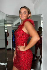 Red Homecoming Dress Sequin Bodycon Plunging V neck with Chic Feather Short Party Cocktail Dress