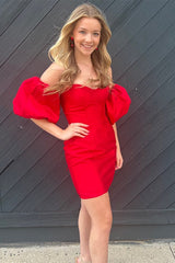Red Homecoming Dress Strapless Bodycon Cocktail with Cute Puff Sleeves Short Party Cocktail Dress