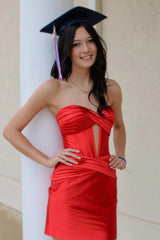 Red Homecoming Dress Strapless Keyhole Ruched Satin Bodycon Short Party Cocktail Dress