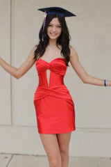 Red Homecoming Dress Strapless Keyhole Ruched Satin Bodycon Short Party Cocktail Dress