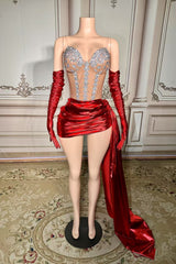 Red Homecoming Dress Sweetheart Neck Mini Cocktail Dress with Panel Train