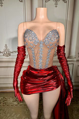 Red Homecoming Dress Sweetheart Neck Mini Cocktail Dress with Panel Train