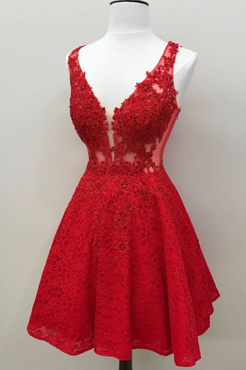 Red Homecoming Dress V Neck Lace Short Party Cocktail Dress