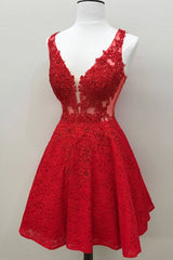 Red Homecoming Dress V Neck Lace Short Party Cocktail Dress