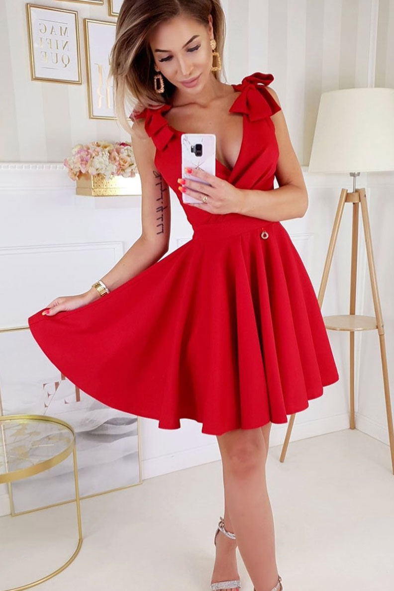 Red Homecoming Dress V Neck Satin Short Party Cocktail Dress