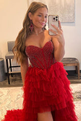 Red Homecoming Dresses Beaded A-Line Tiered High Low Prom Cocktail Dresses
