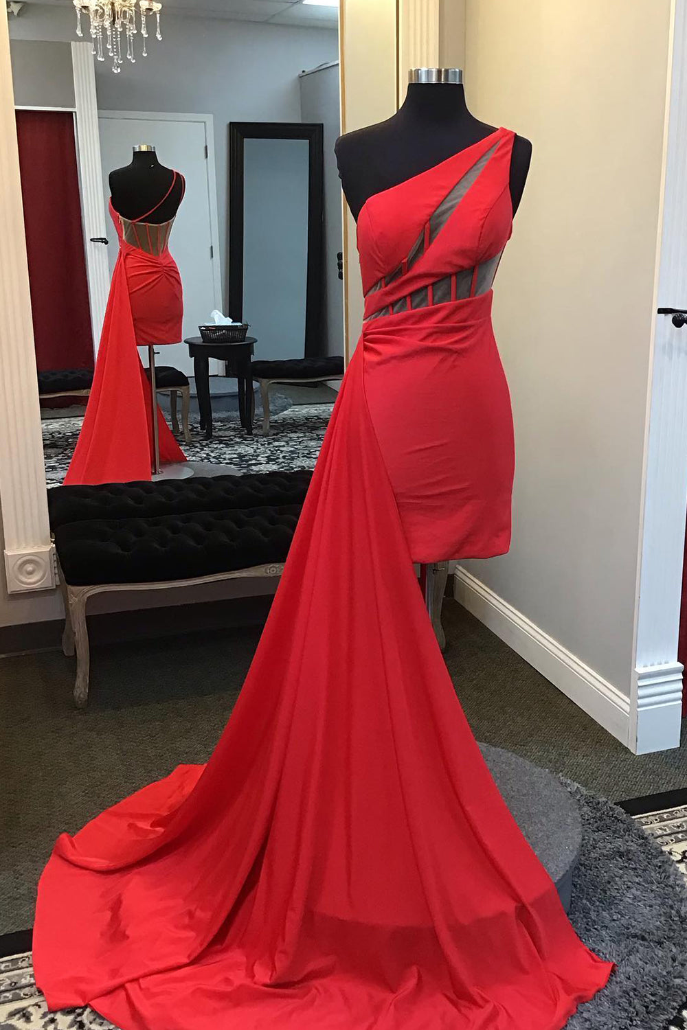 Red Homecoming Dresses Corset One Shoulder Tight Short Satin Cocktail Dresses with Ruffle