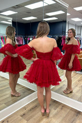 Red Homecoming Dresses Corset Strapless A-Line Short Tulle Cocktail Dresses with Detachable Sleeves