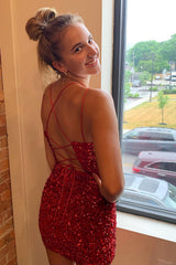 Red Homecoming Dresses Criss-Cross Straps Sequin Tight Short Hoco Dresses